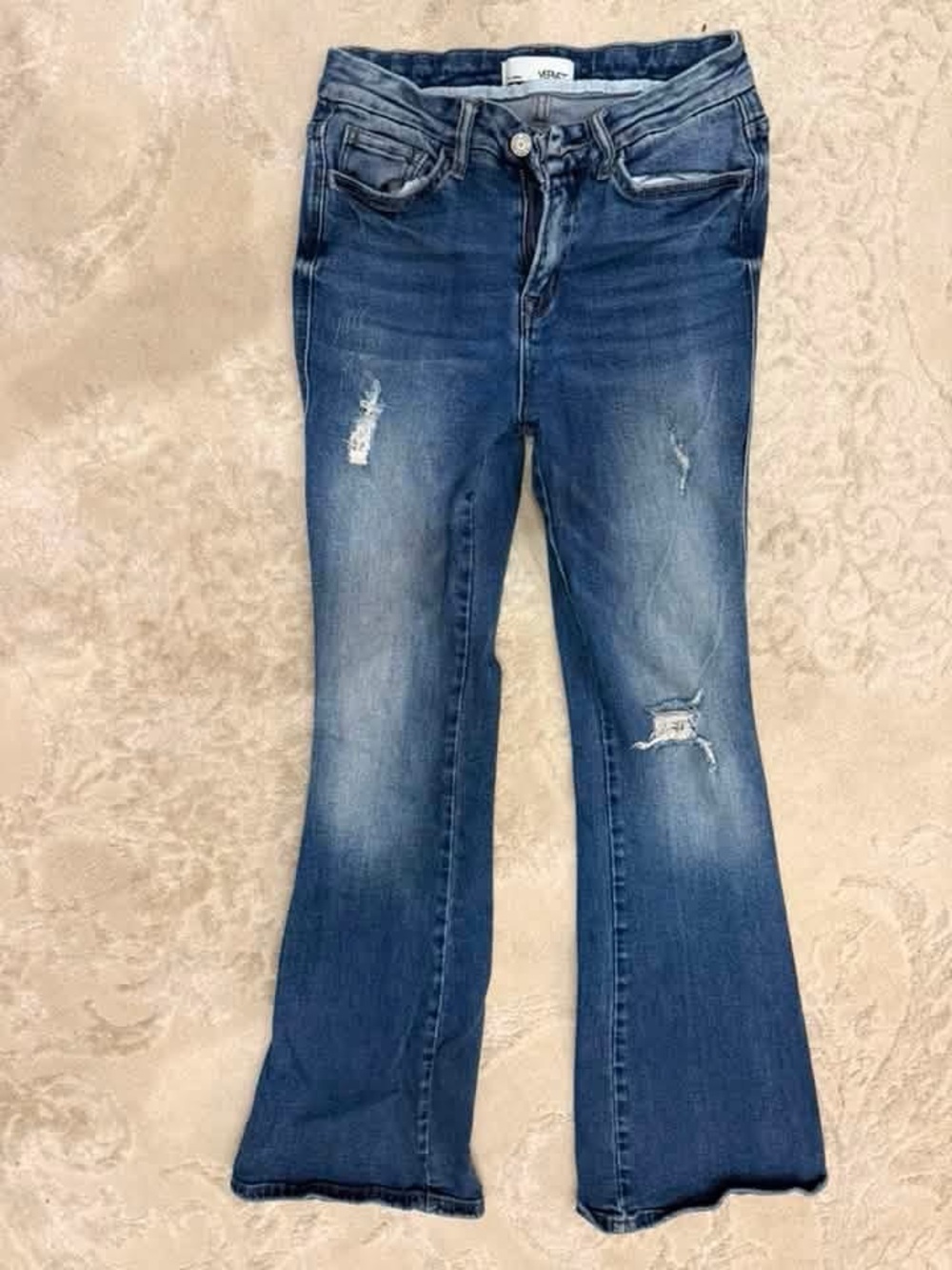 Distressed Blue Flare Jeans - Women's Mid Wash
